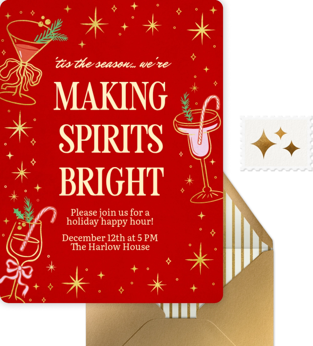 Holiday party invitation with gold stars, featuring illustrations of festive cocktails with candy canes and greenery. Text reads: '’tis the season... we’re MAKING SPIRITS BRIGHT. Please join us for a holiday happy hour! December 12th at 5 PM The Harlow House.'