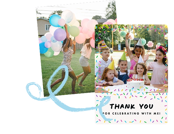 Collage of two photos: one shows children running outside holding colorful balloons; the other shows a group of children wearing party hats gathered around a birthday cake with the text 'THANK YOU FOR CELEBRATING WITH ME!' below them.
