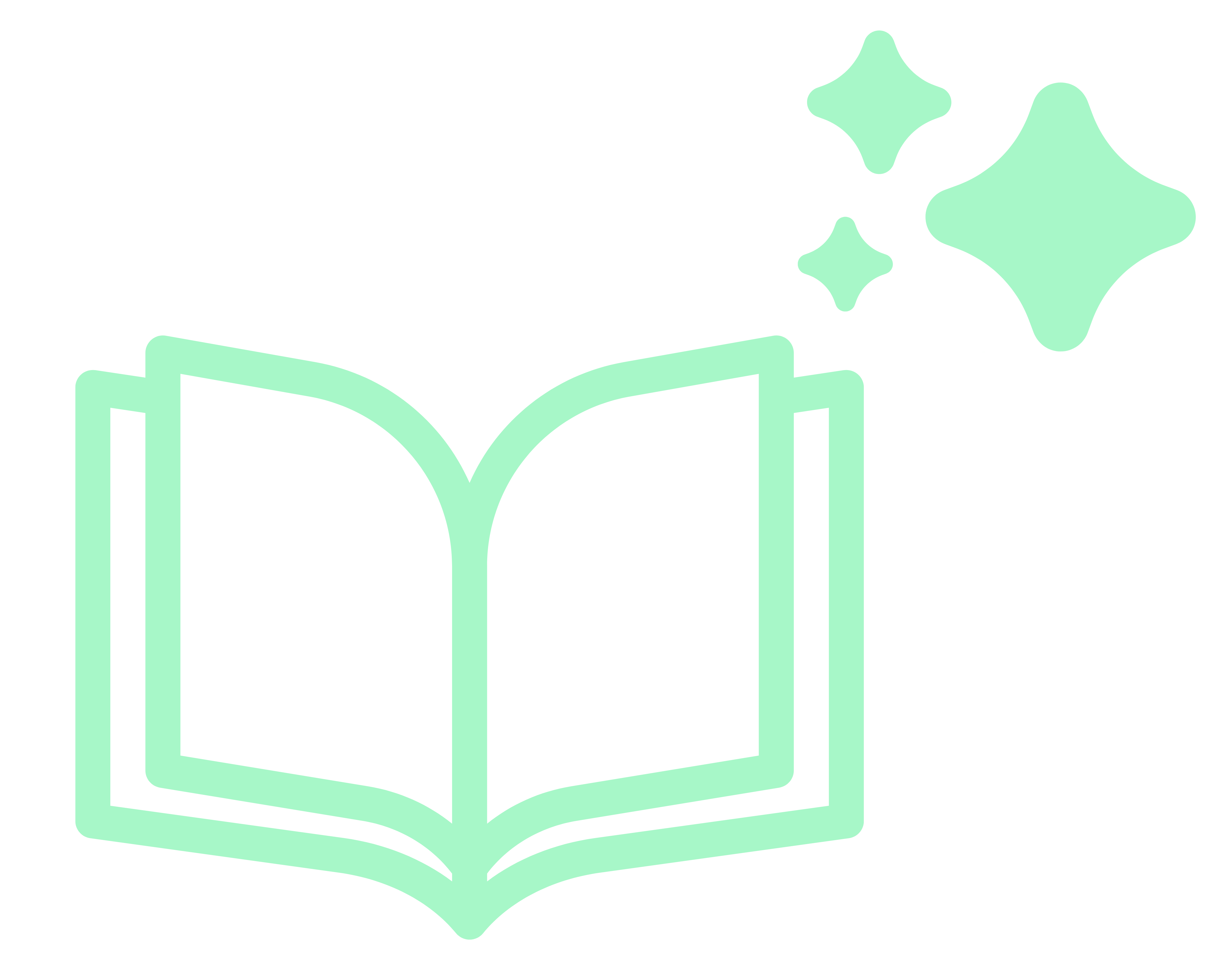 Stylized mint-green open book icon with three sparkling stars above it.