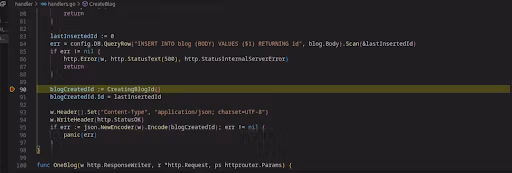 Debugger jumps to line 90 in the handlers.go file