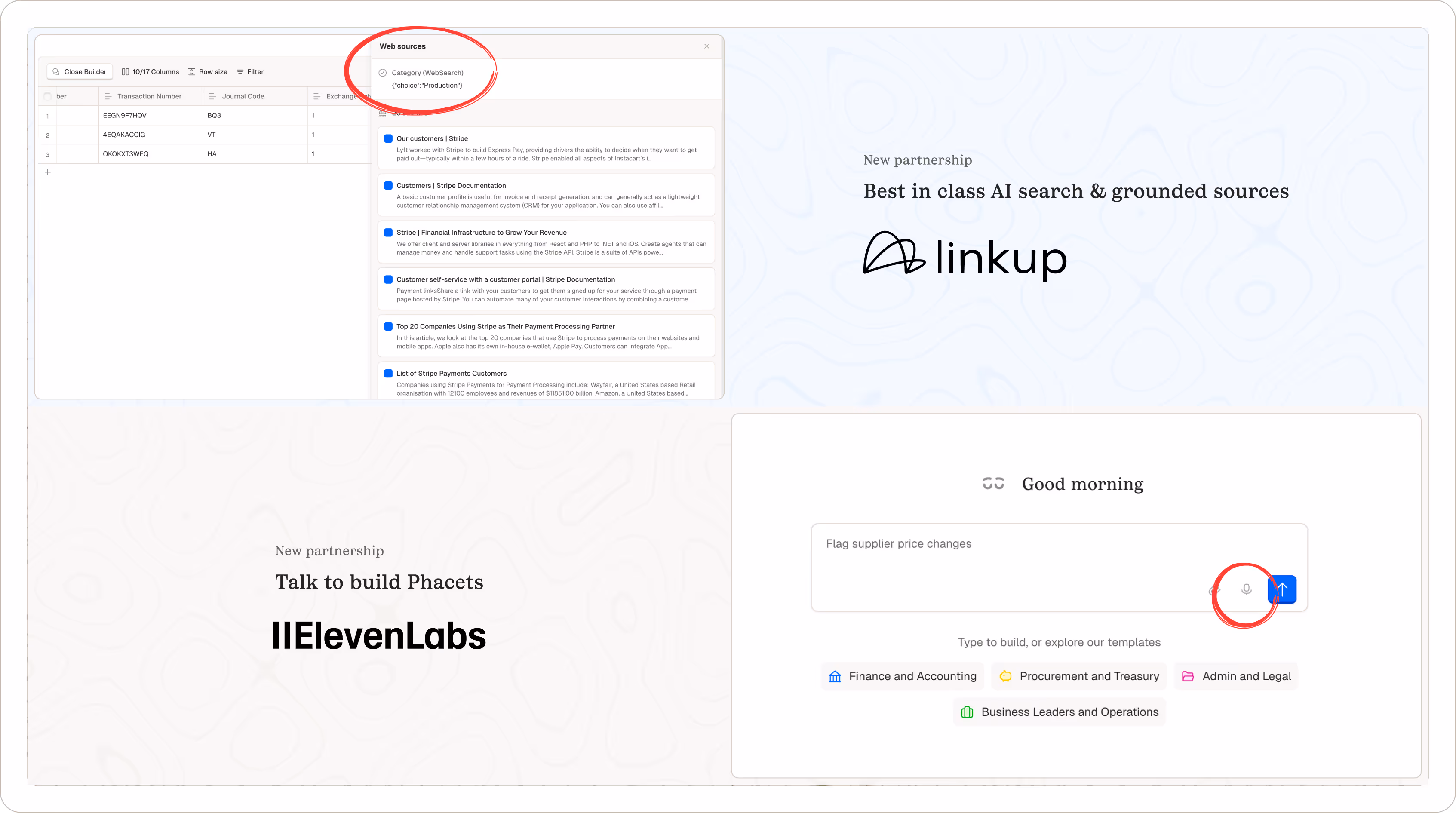 Image featuring partnerships with Linkup and elevenlabs, pointing to related features