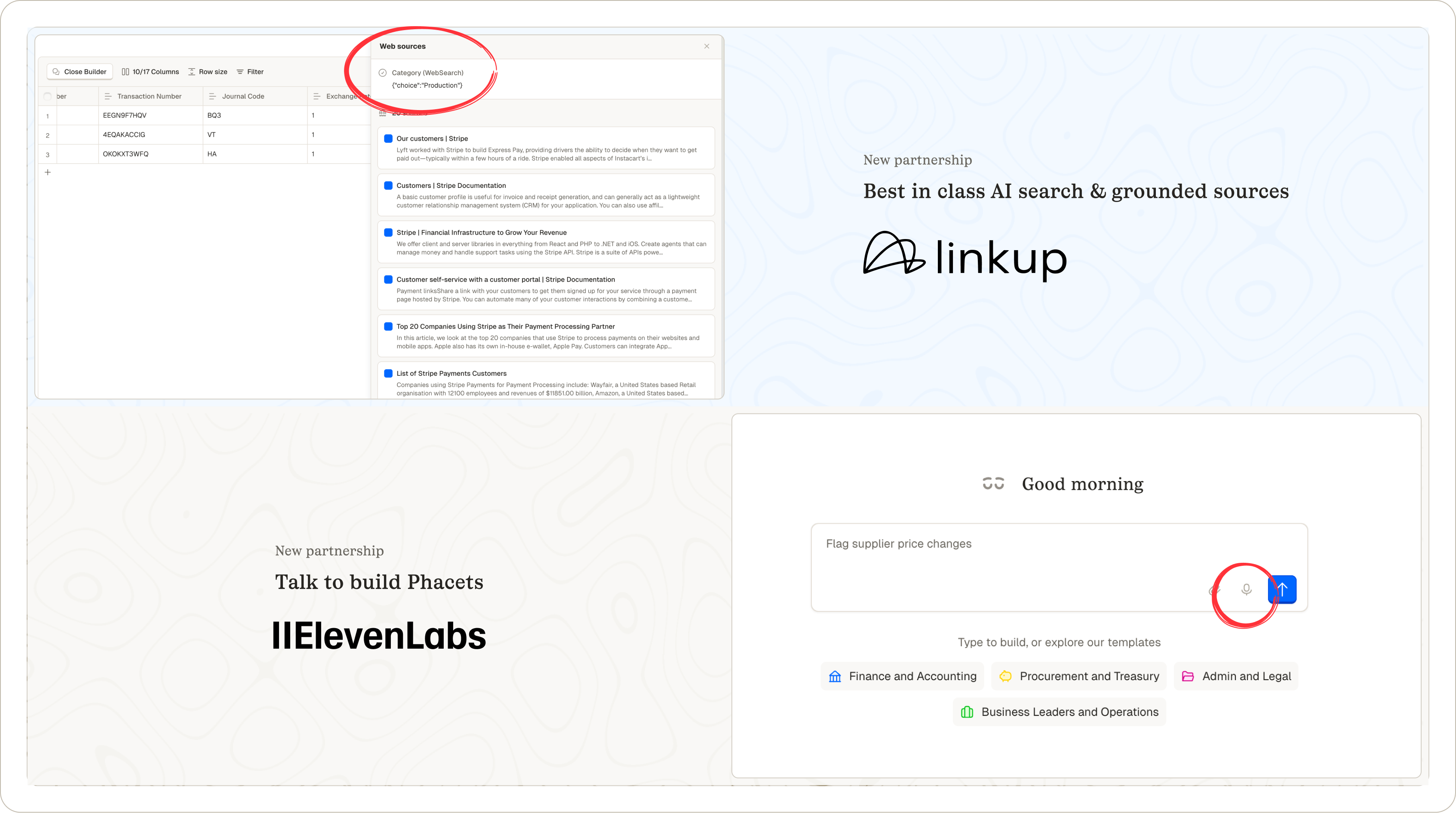 Image featuring partnerships with Linkup and elevenlabs, pointing to related features