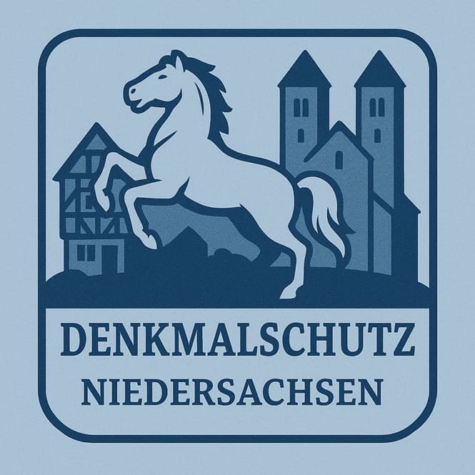 Illustration zum Denkmalschutz in Niedersachsen mit stilisierten Fachwerkhäusern, einer Kirche und Landeswappen-Elementen.