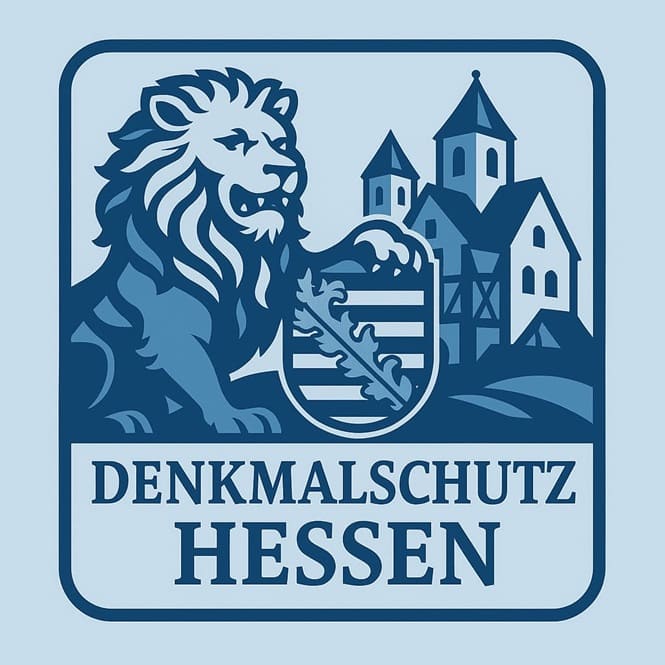 Grafische Darstellung zum Denkmalschutz in Hessen mit symbolischen Bauwerken und stilisiertem Wappenelement im modernen Stil.