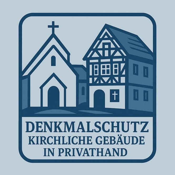 Illustration mit einer stilisierten Kirche und einem Fachwerkhaus mit Kreuzsymbol – Symbolbild für den Denkmalschutz kirchlicher Gebäude in privater Hand.