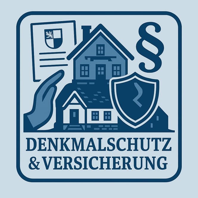 Illustration mit einem stilisierten Haus, einem Paragraphenzeichen, einem Schutzschild und einer Denkmalschutzurkunde