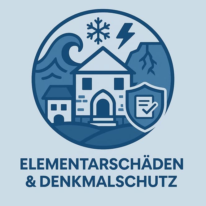 Illustration eines historischen Gebäudes mit Schutzschild, umgeben von Symbolen für Naturgewalten wie Wasser, Eis, Blitz und Erdrutsch