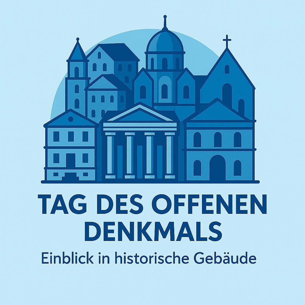 Grafik mit stilisierten historischen Gebäuden und dem Schriftzug „Tag des offenen Denkmals – Einblick in historische Gebäude“
