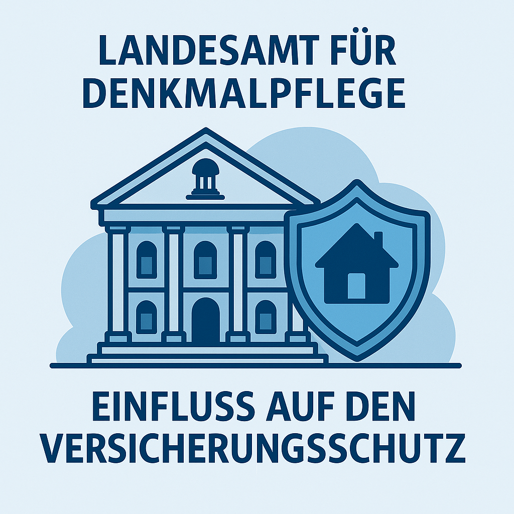 Illustration eines Landesamts für Denkmalpflege mit klassizistischem Gebäude und Schutzschild.