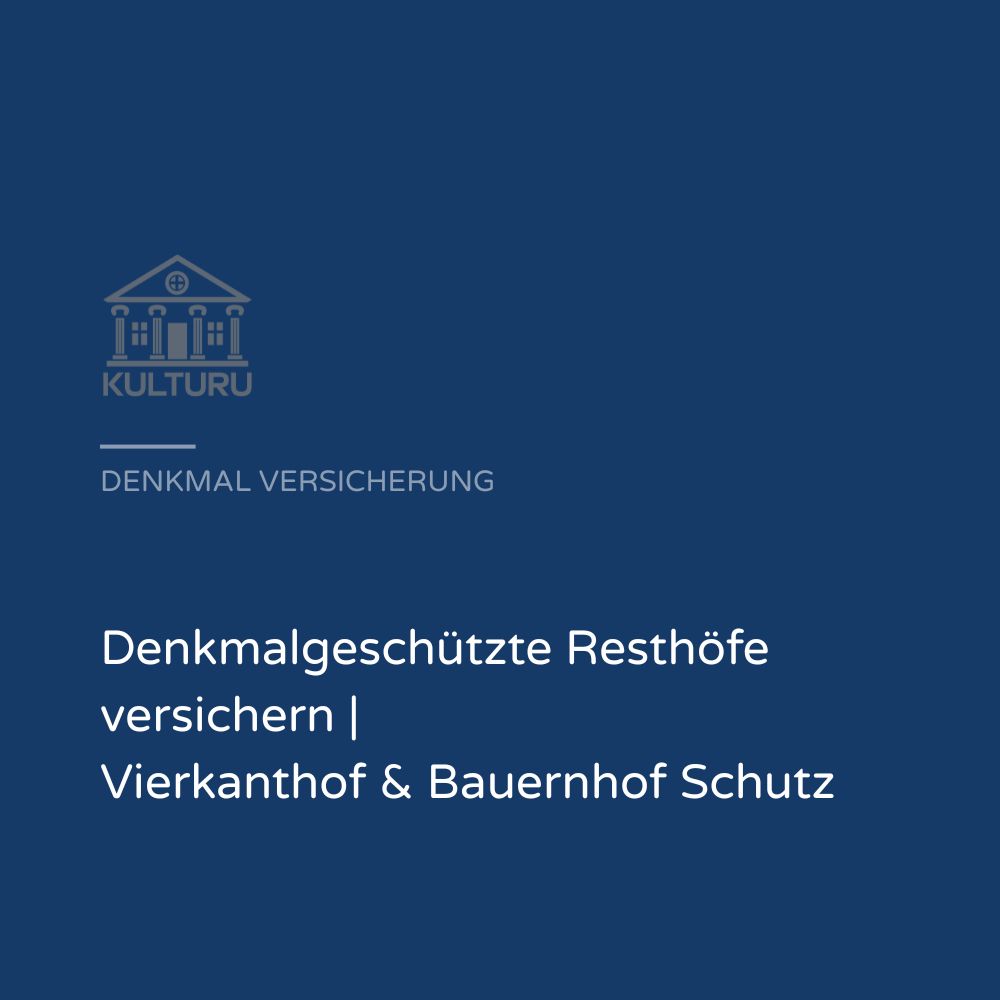 Illustration eines denkmalgeschützten Resthofs mit Fachwerkhaus, Scheune und Schutzsymbol