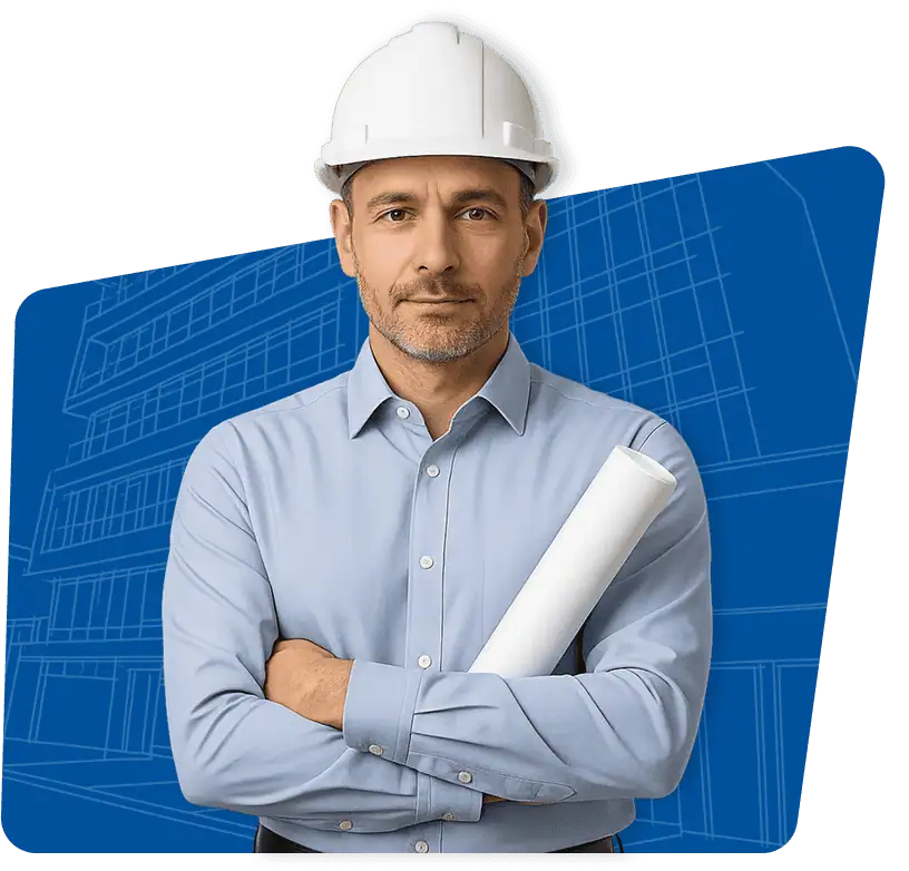 A man in a hard hat and blue shirt showcasing his role in construction or maintenance.