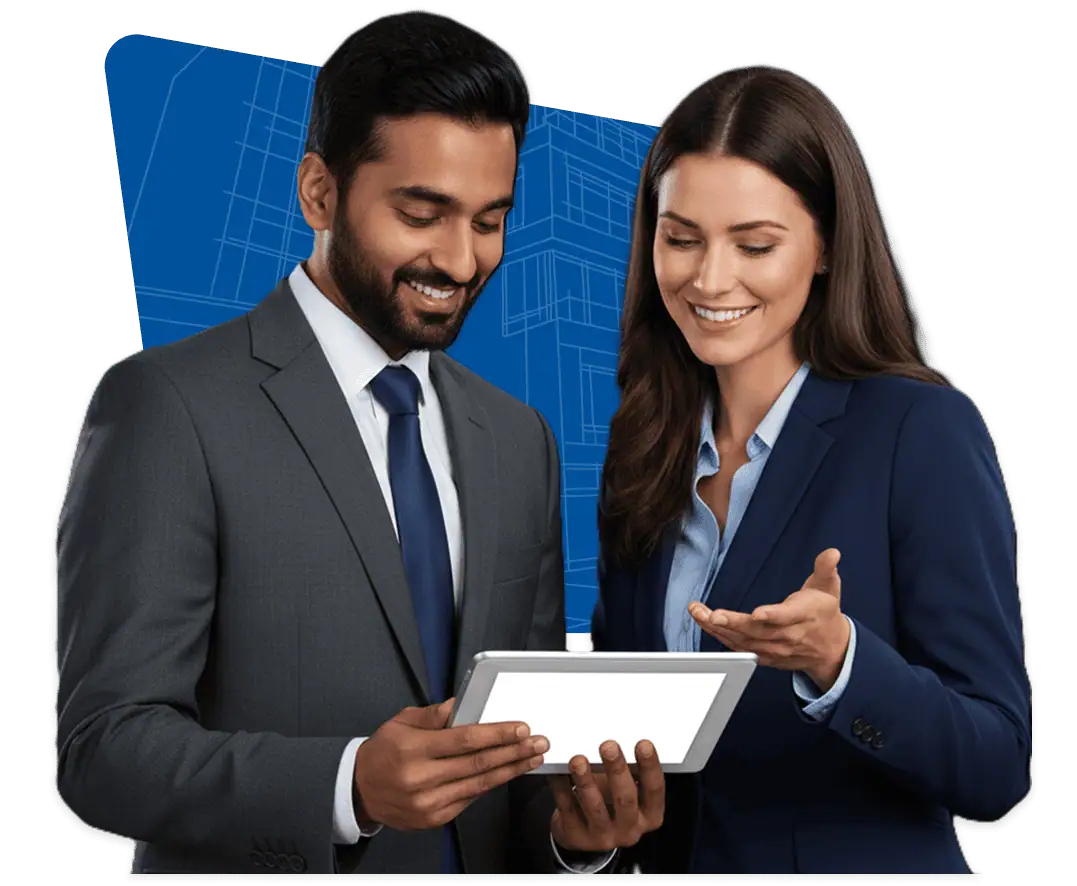 Two business professionals collaborating while reviewing information on a tablet computer.