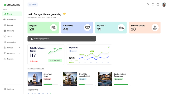 BuildSuite dashboard showing project, customer, supplier, and subcontractor stats, employee and expense graphs, and starred projects with status.