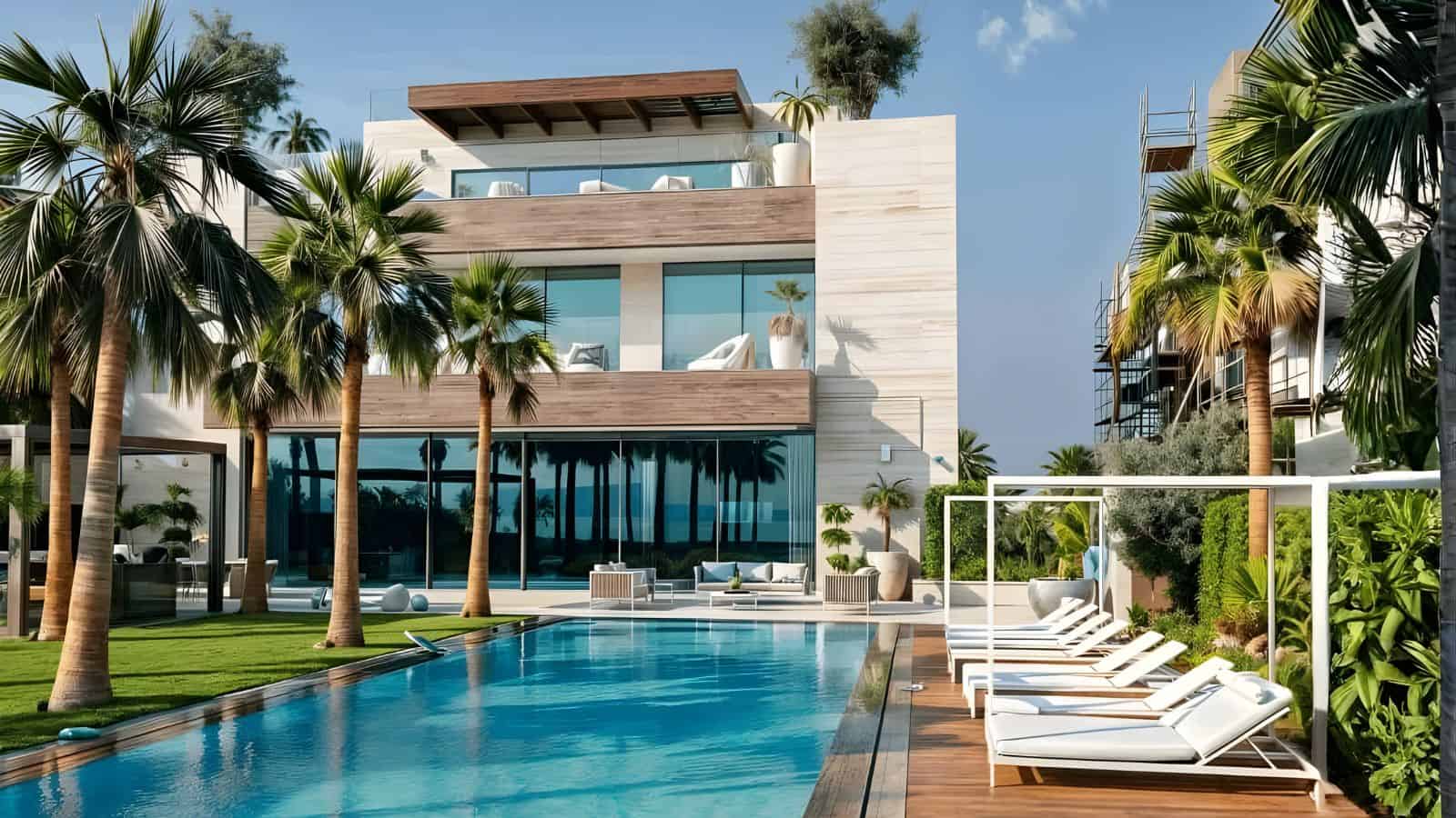 Modern three-story house with large glass windows, palm trees, and a swimming pool surrounded by white lounge chairs.