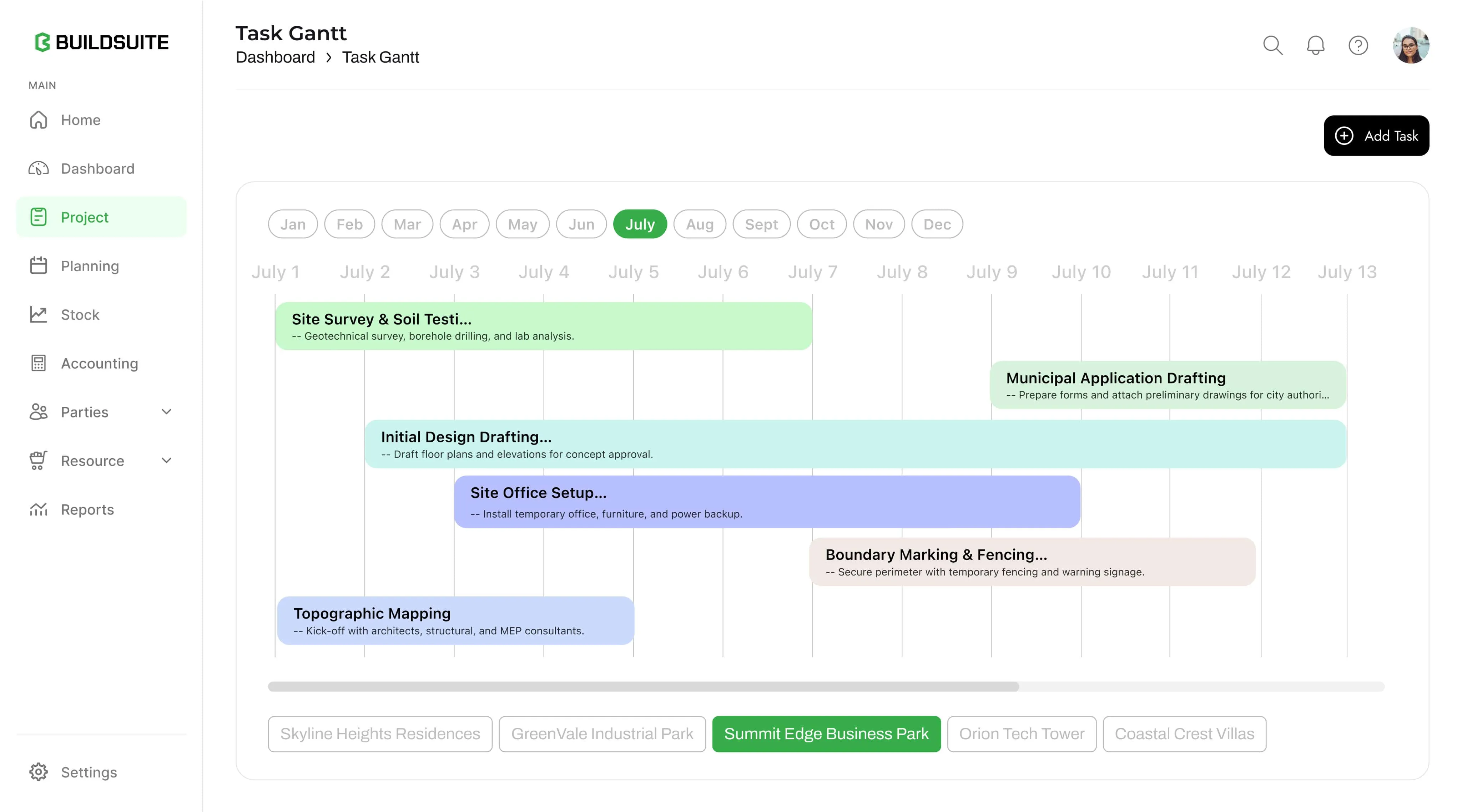 Buildsuite Task Gantt dashboard showing project tasks scheduled from July 1 to July 13 with color-coded task bars and navigation menu on left.