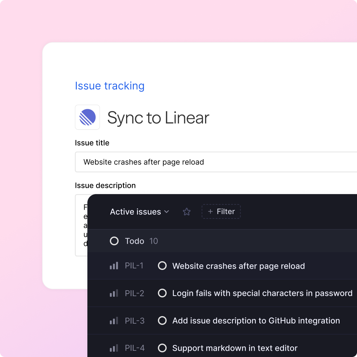 UI of syncing issues to Linear, and a task list in Linear