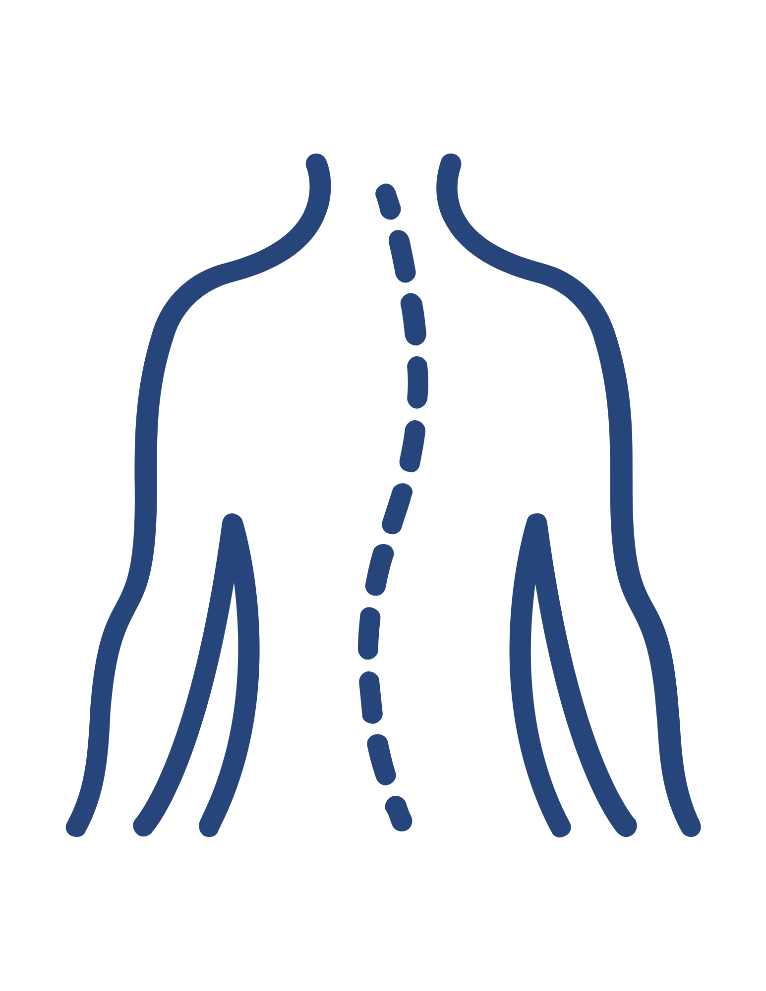 Outline of a back with a curved, dashed line representing a misaligned spine.