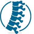 Blue spinal column icon inside a circle representing spine health or chiropractic care.