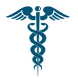 Blue caduceus symbol with two snakes wrapped around a winged staff.