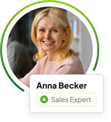 A smiling woman with a green circle around her.