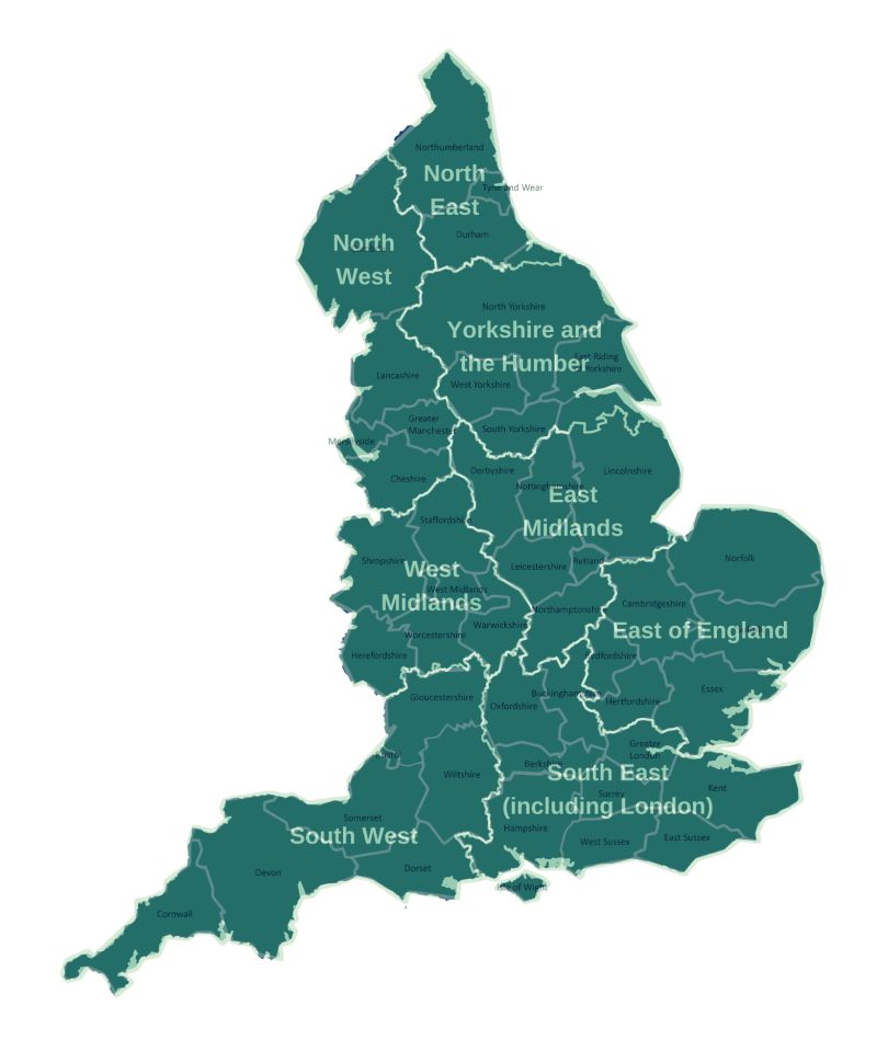 Map of England showing the nine regions and their counties