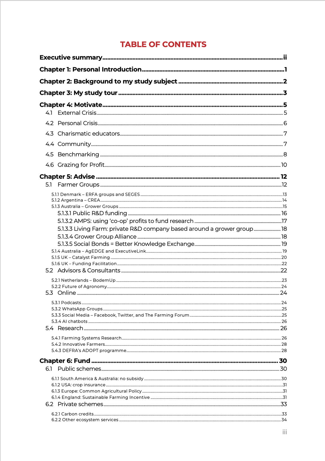 Report table of contents covering chapters 1 to 6: introduction, background, study tour, Motivate, Advise and Fund