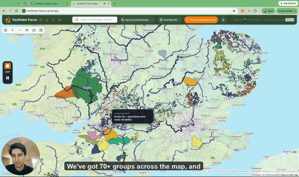 Clicking on a farmer group on the Facilitator Forum map to show its area and the land around it