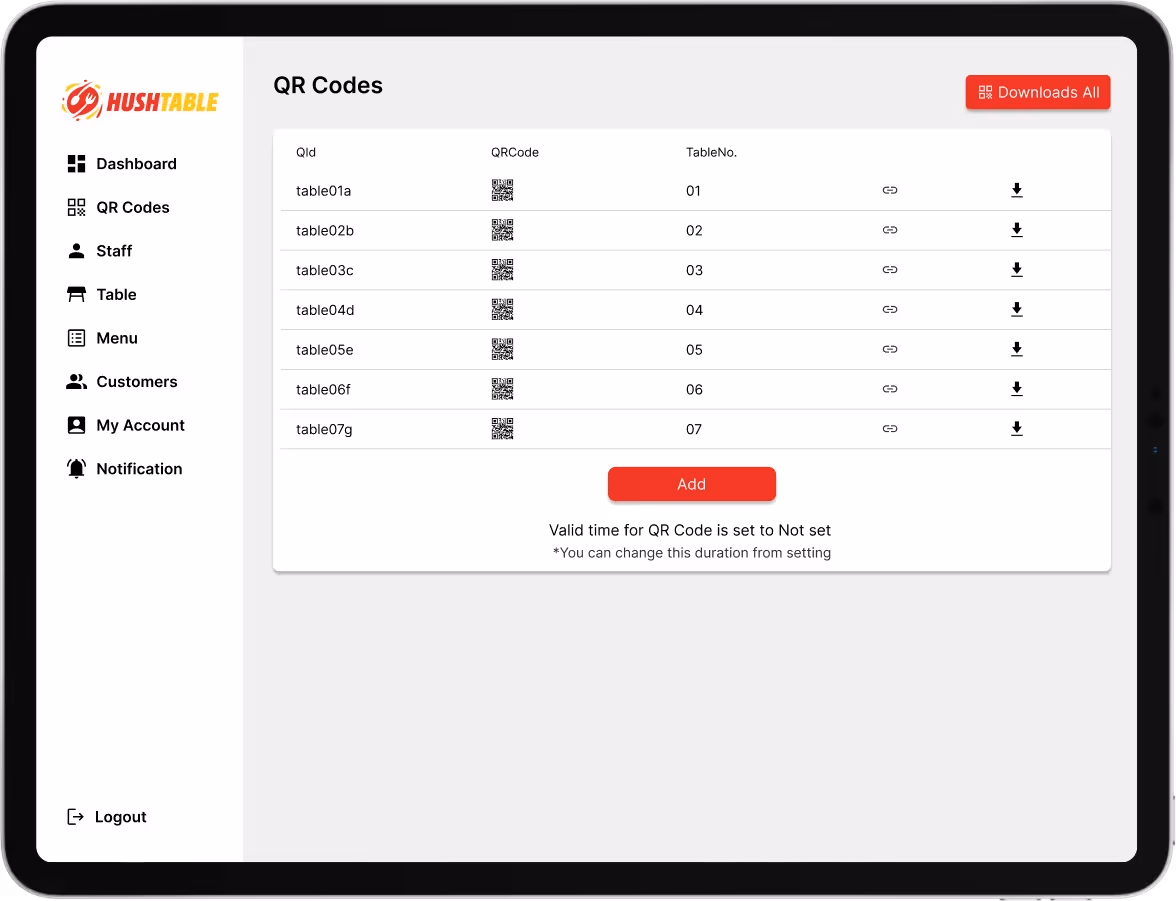 QR Codes screen in HushTable admin panel listing table-specific QR codes with download option