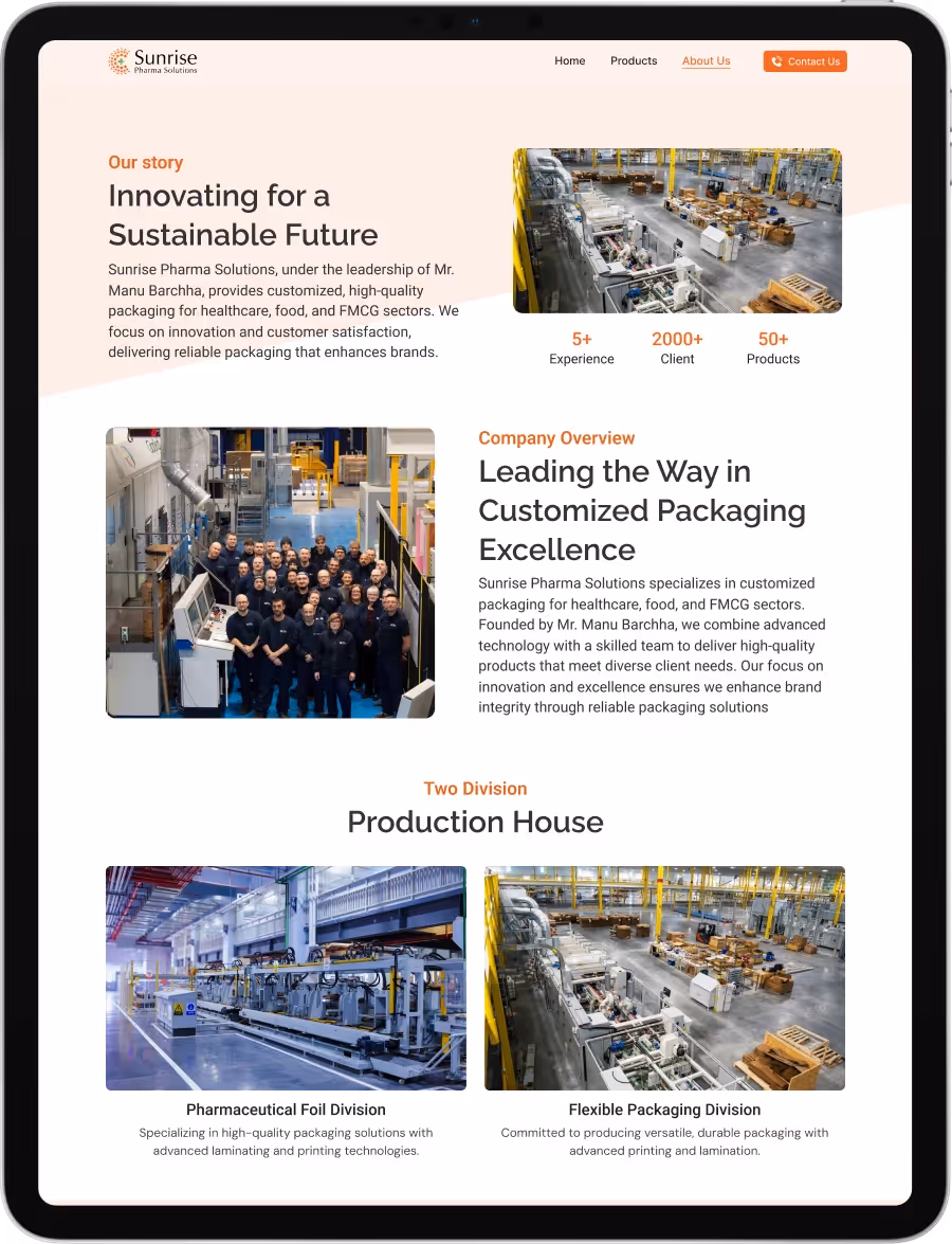 Sunrise Pharma sustainability and company overview section with team and production facility images