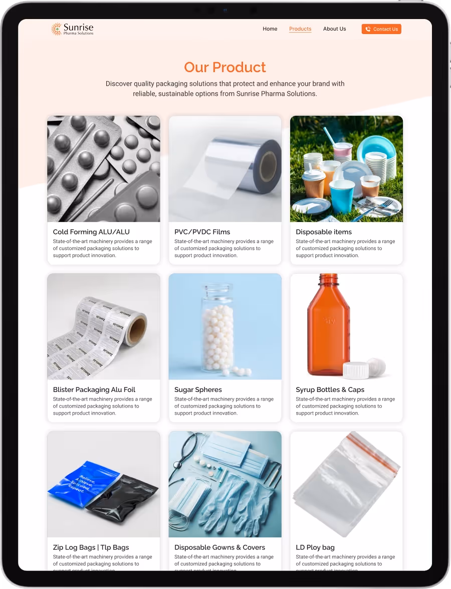 Product category UI showcasing pharma packaging items like ALU-ALU, PVC films, bottles, and containers