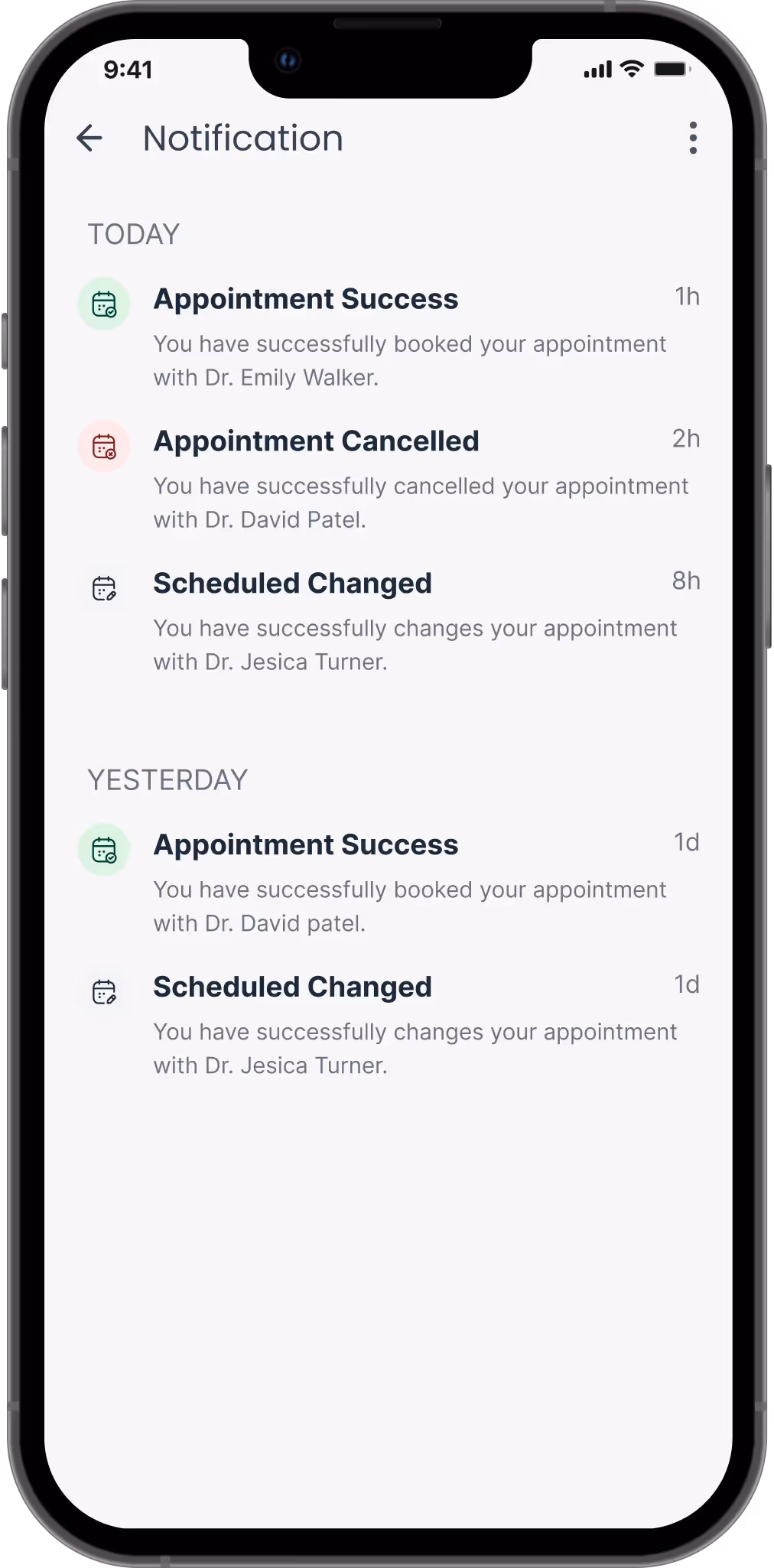 Appointment reminder and notification screen