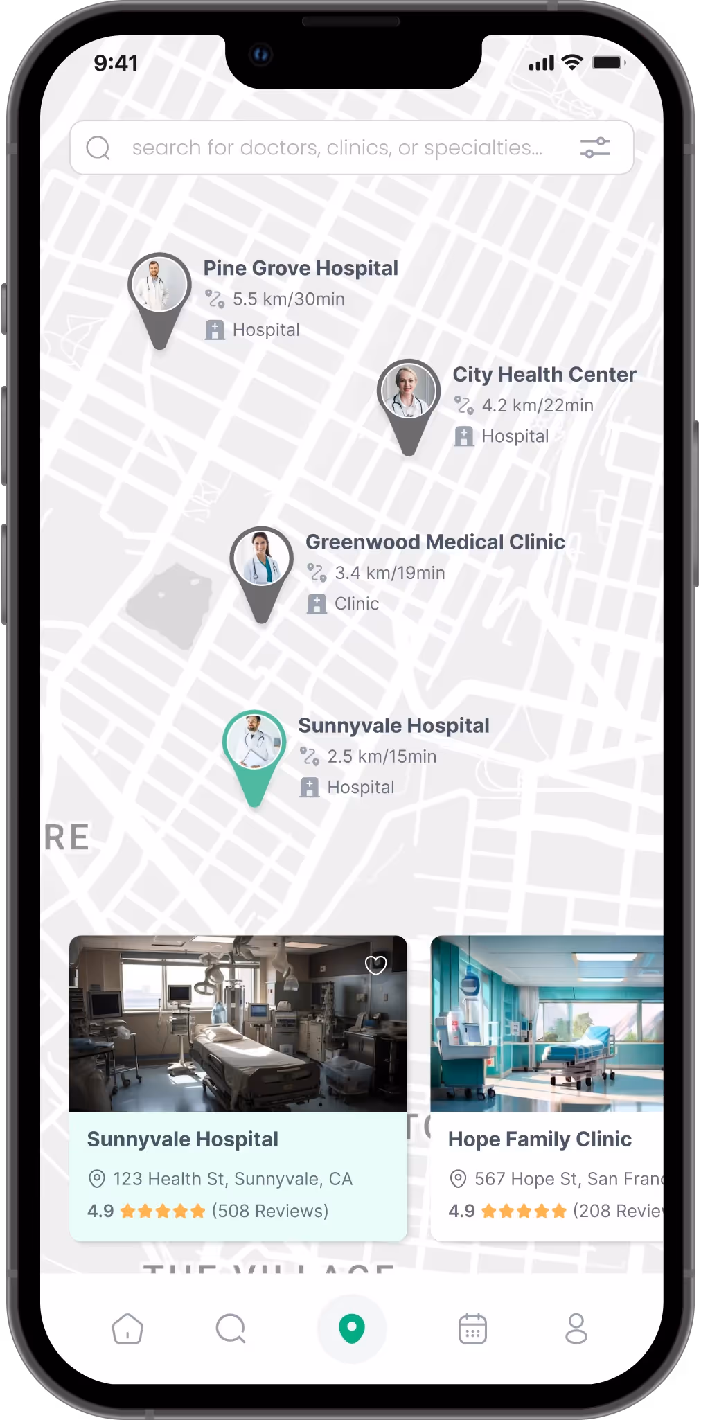 Map interface showing available nearby doctors or health services for WellCare users