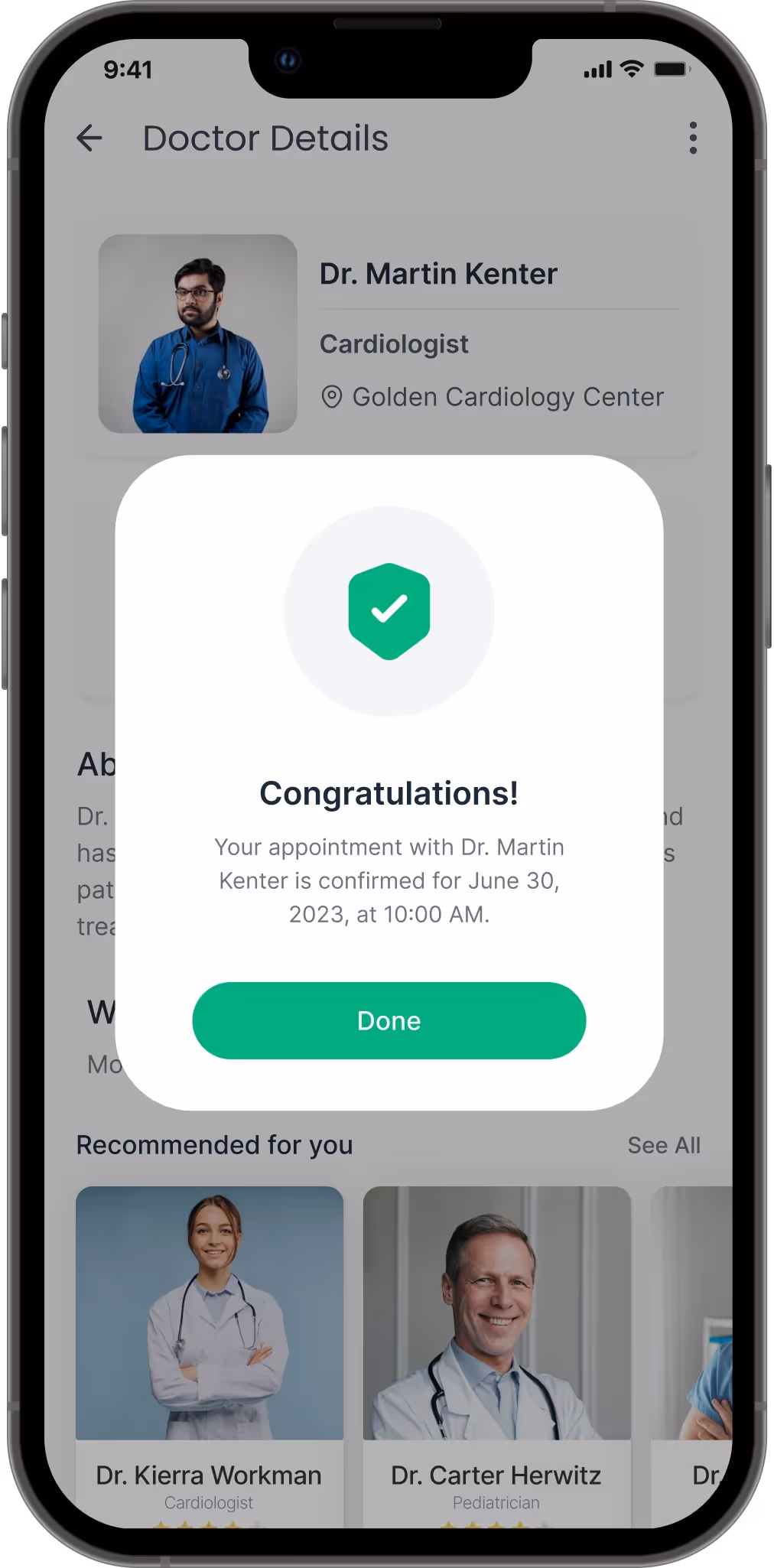 WellCare app screen confirming successful appointment booking with doctor and time details