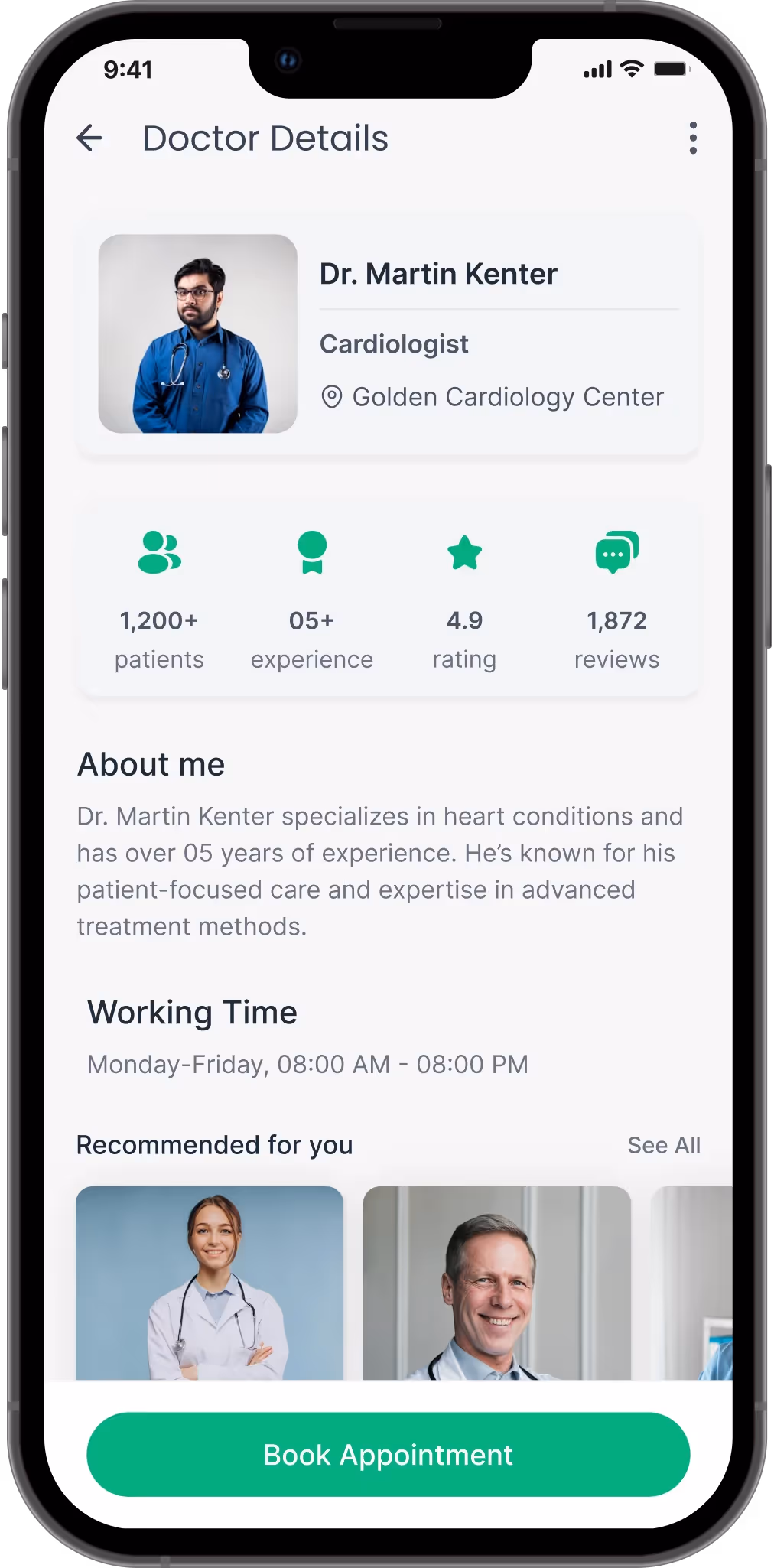 Doctor profile screen showing details, reviews, and consultation options