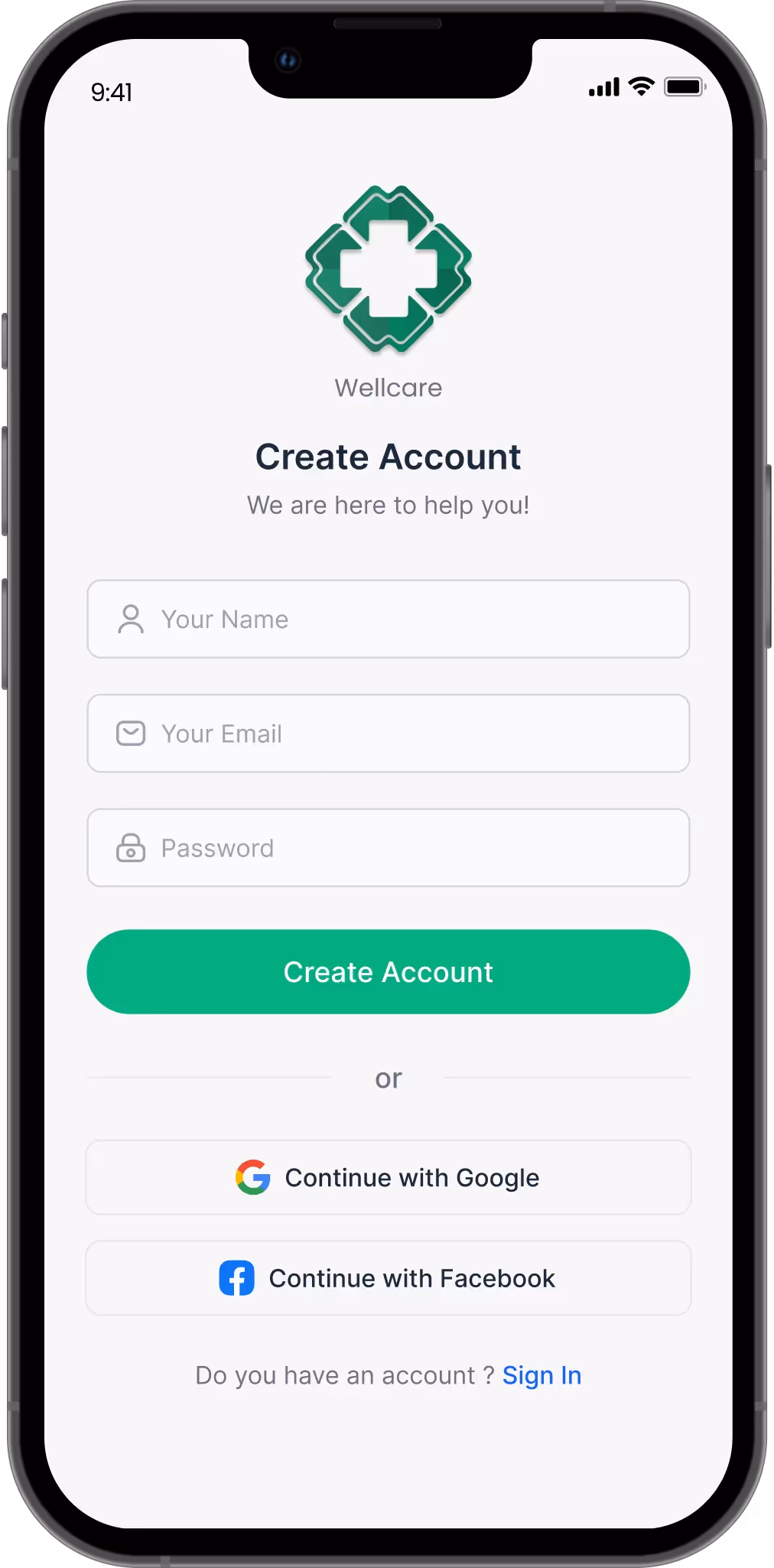 User signup screen with name, email, and password input