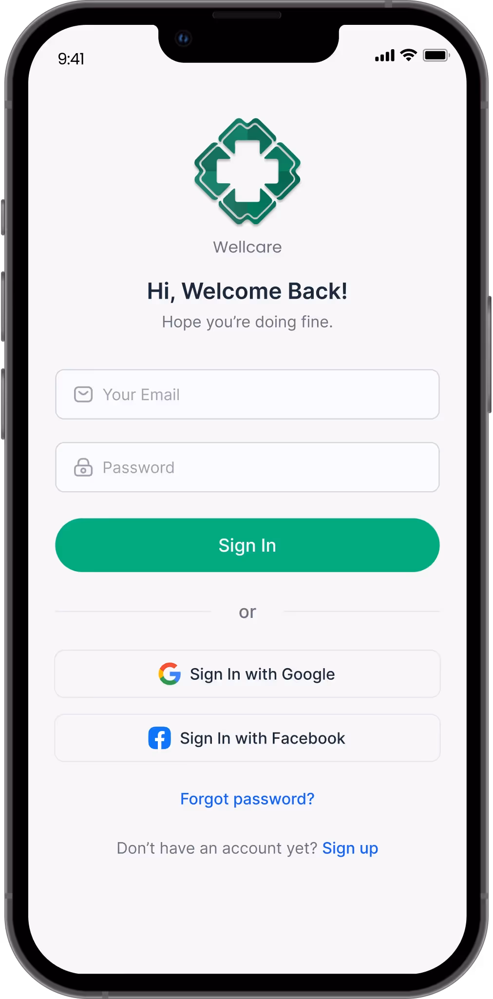 WellCare app login screen with email and password fields