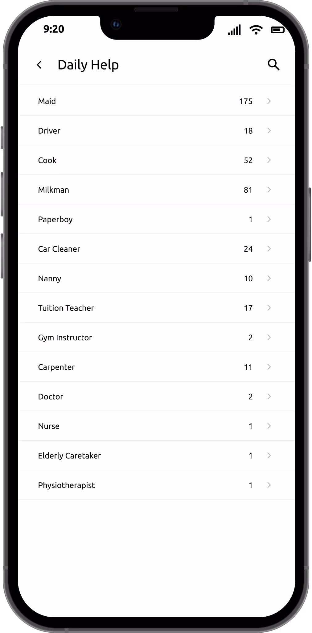 Daily help section displaying maids, drivers, and other service staff with entry logs
