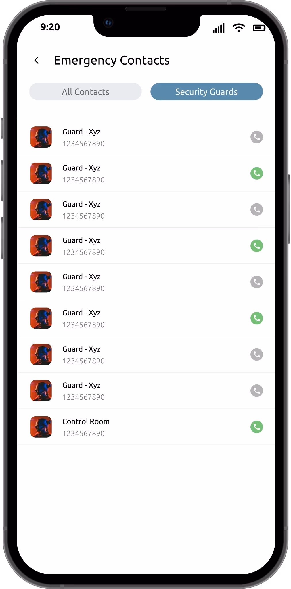 Alternate emergency contacts screen with red profile indicators and call action buttons