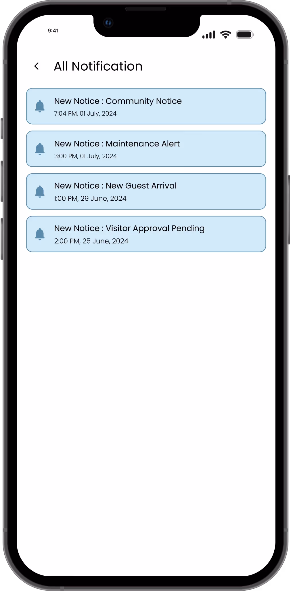 All notifications screen with recent visitor and security updates