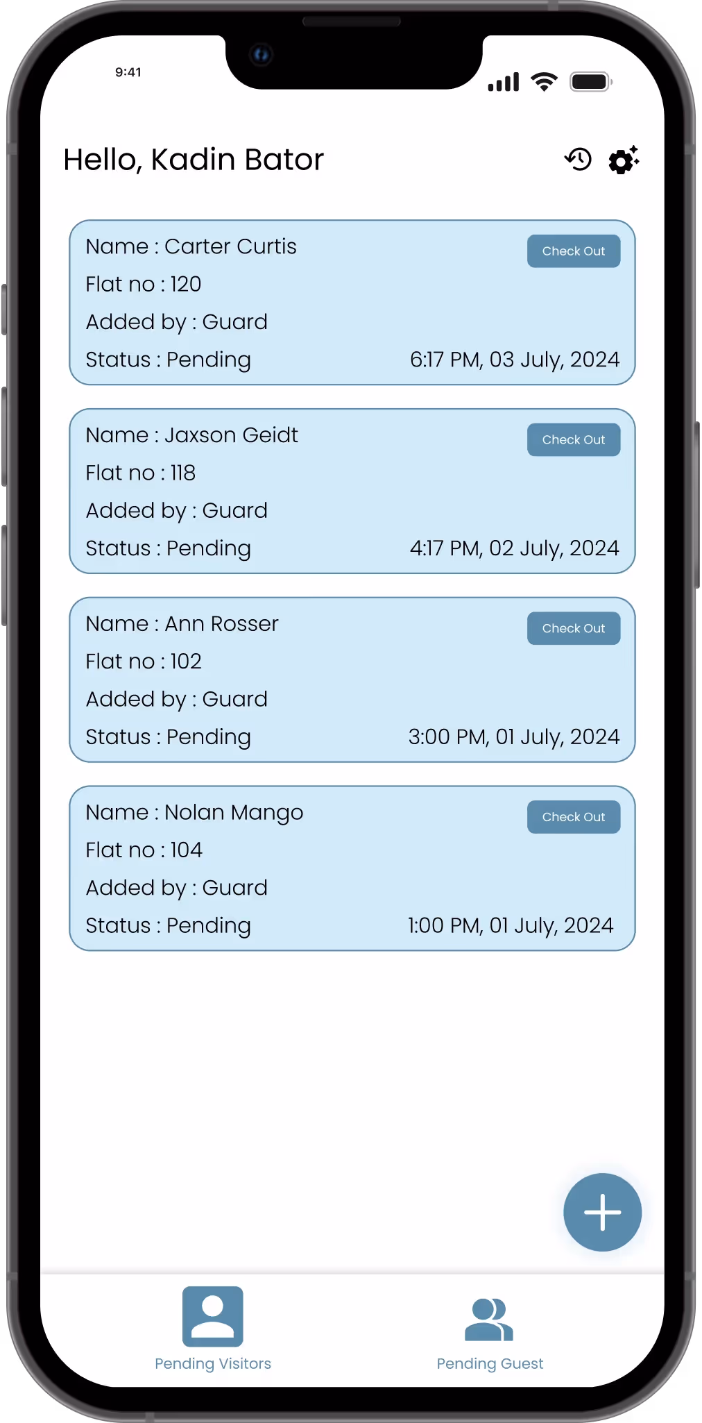 Visitor history screen showing visitor names with entry and exit timestamps