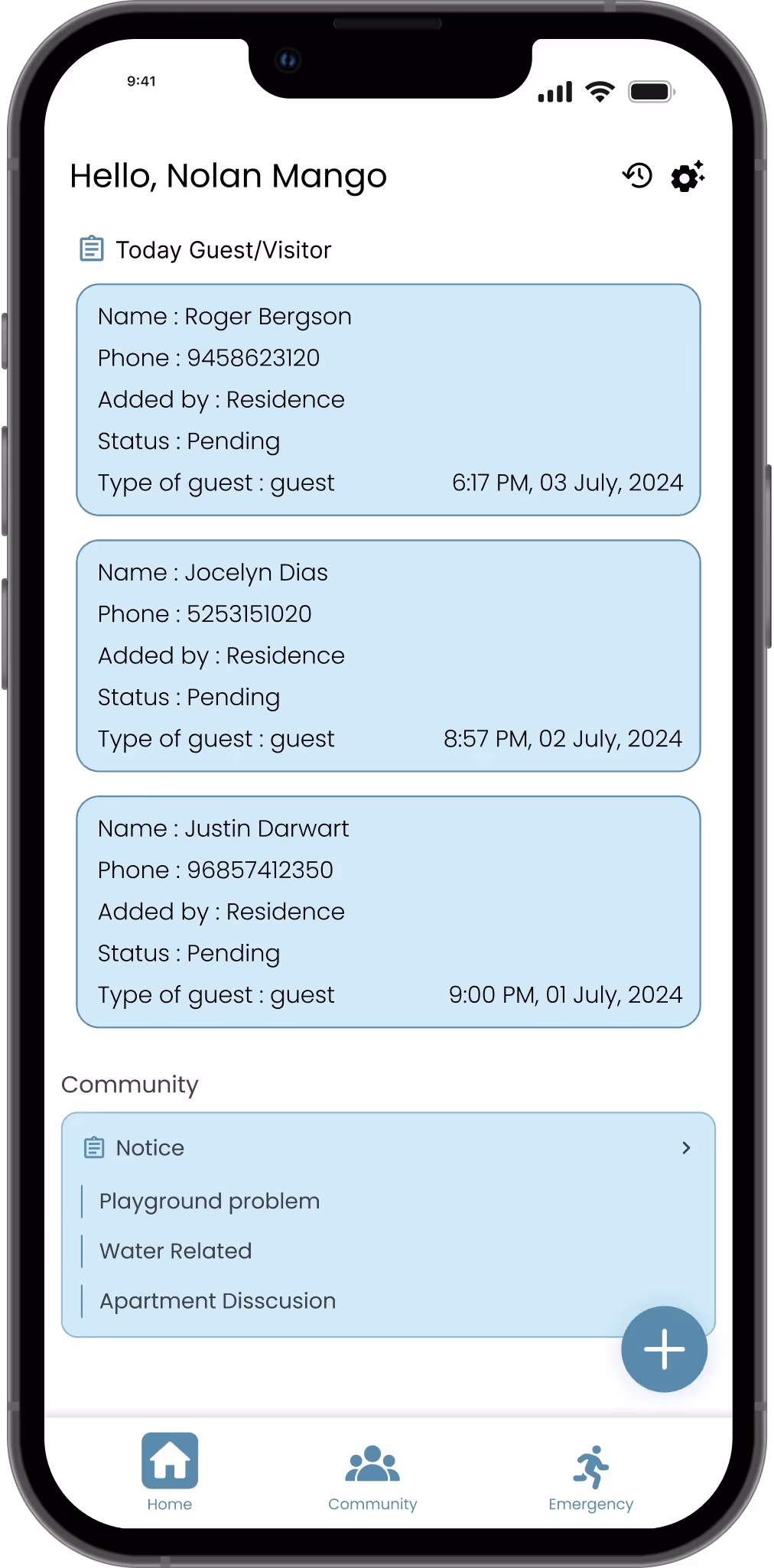 Guest history screen displaying names and visit details
