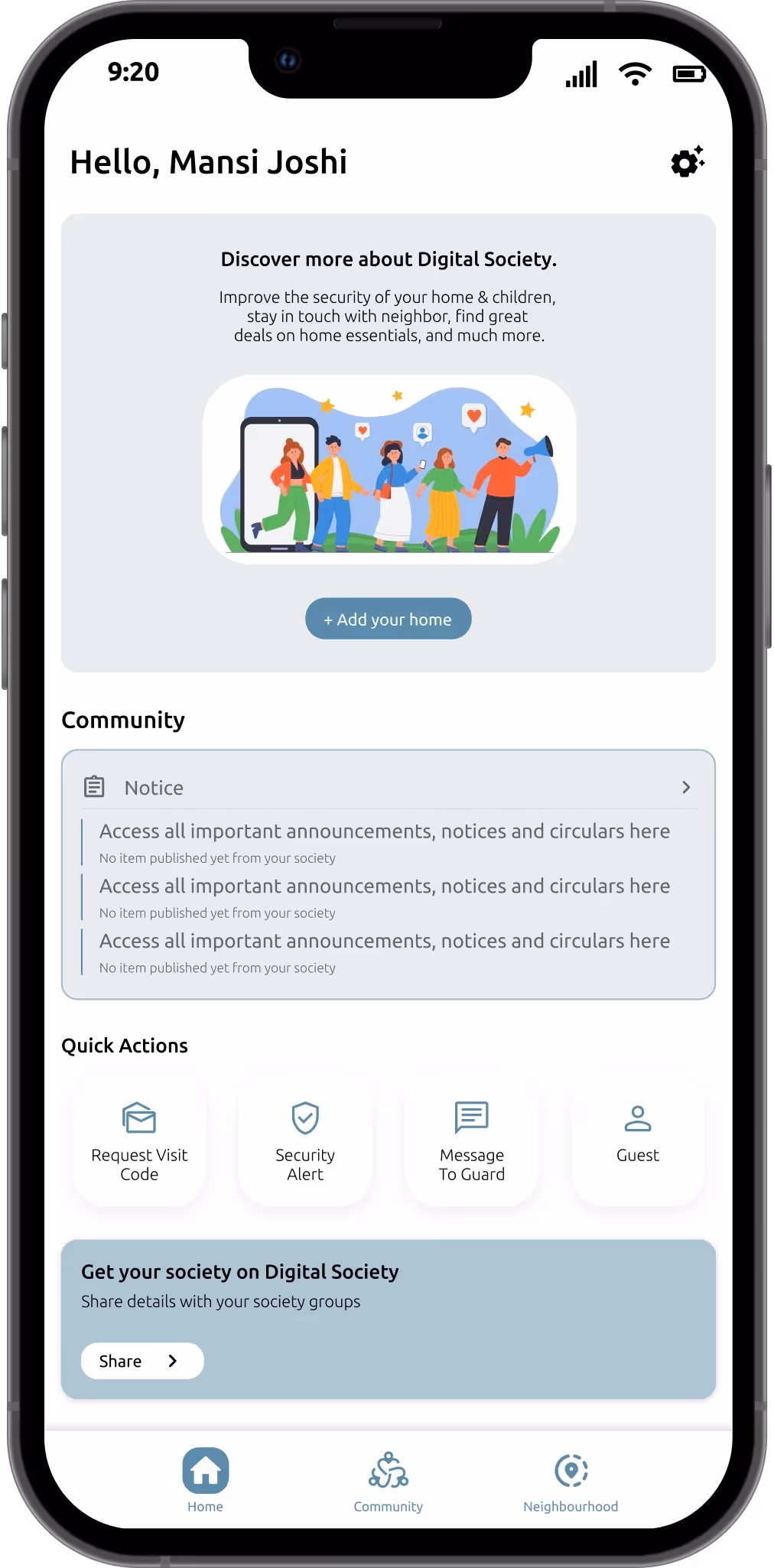 User dashboard showing welcome message, banner illustration, and navigation icons for home, notifications, and more