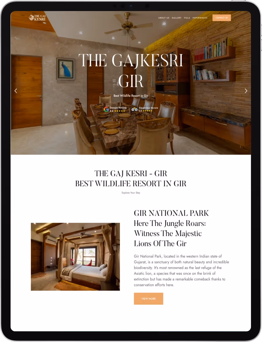 Homepage of Gaj Kesri Gir showcasing luxury wildlife resort in Gir National Park