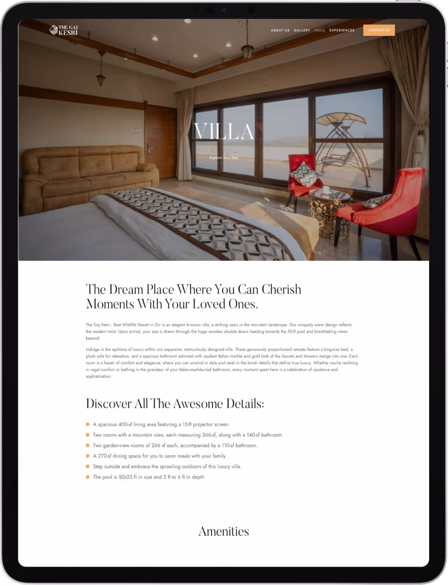 Villa detail page highlighting elegant interiors and amenities for luxurious stays
