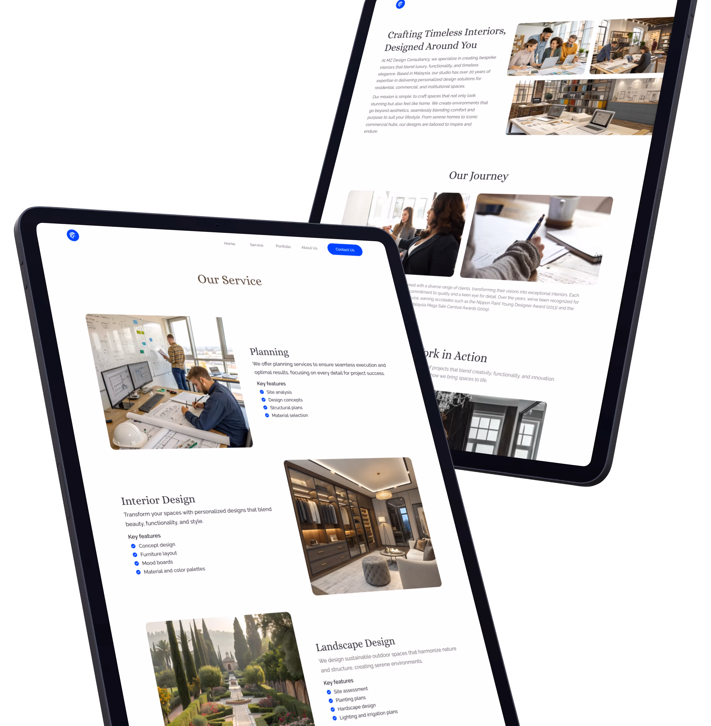 MZ Design website on tablets showing Our Services and Overview sections with modern UI MZ Design website on tablets showing Our Services and Overview sections with modern UI