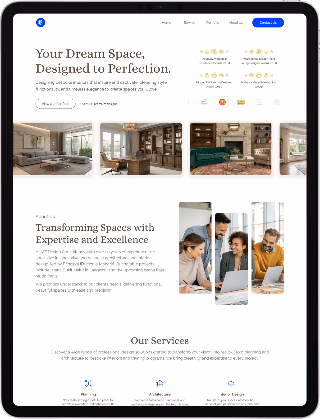 project Image MZ Design homepage showing hero banner, awards, and featured interior projects