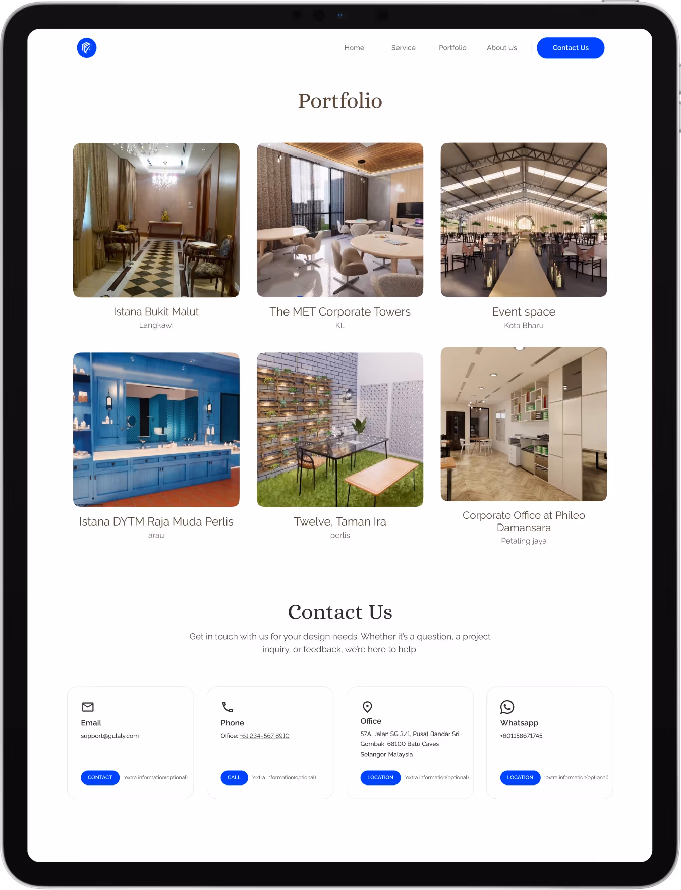 project Image MZ Design Portfolio page showcasing completed interior projects with thumbnails
