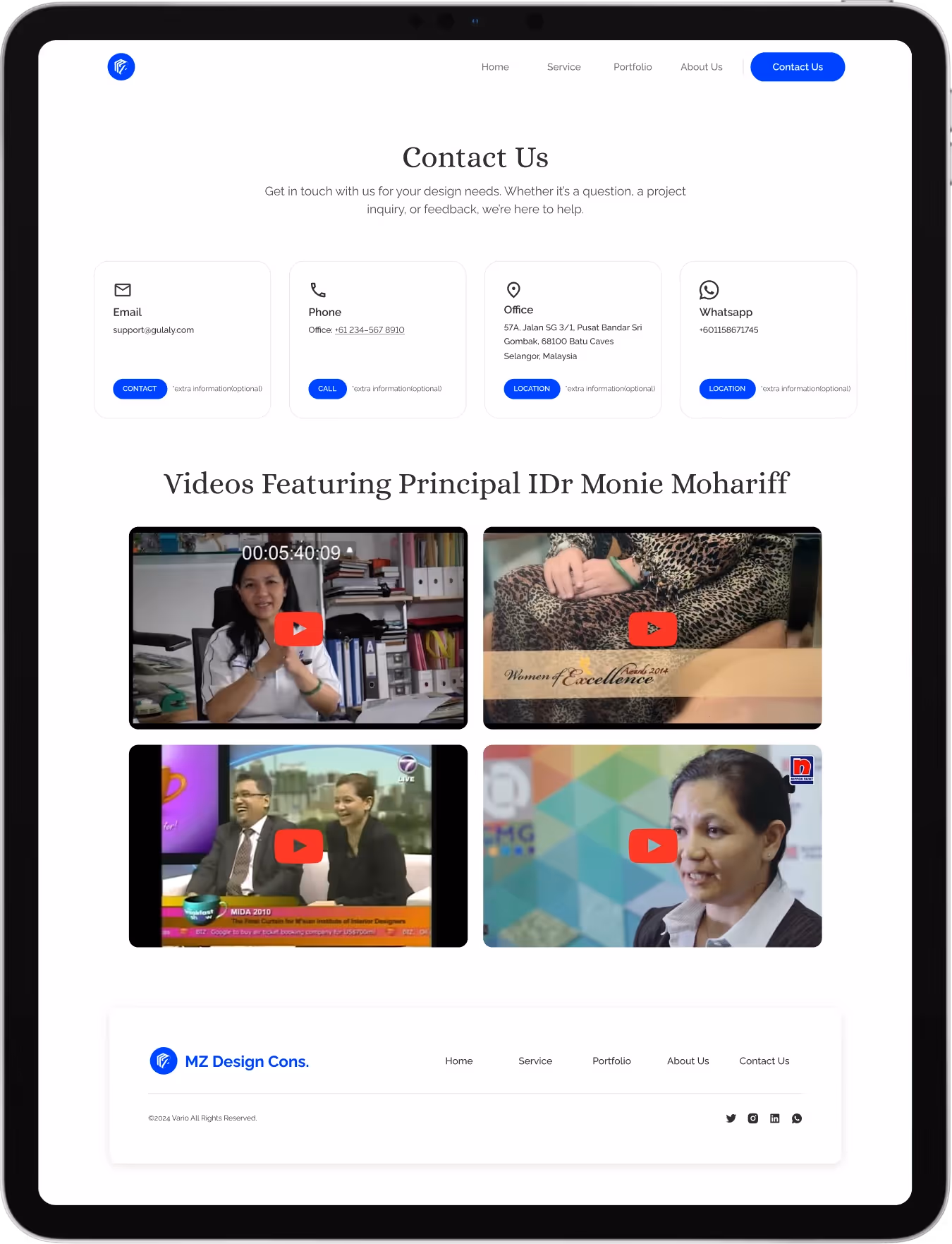 project Image MZ Design contact page with contact details and video thumbnails featuring the principal designer