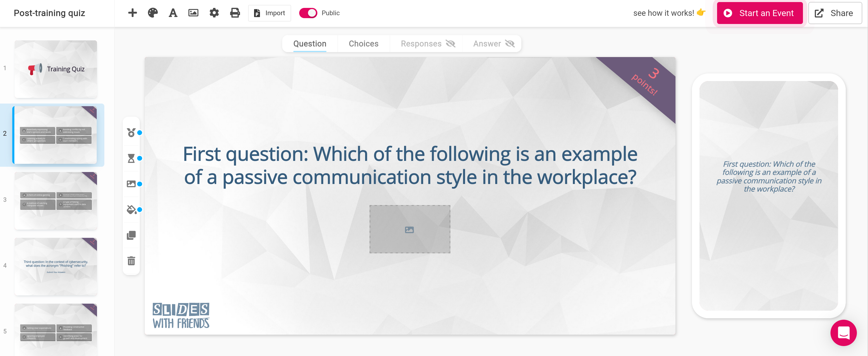 Slides With Friends editor on a multi-choice quiz