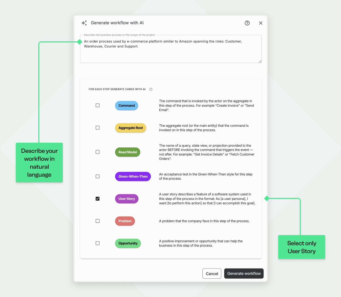 Qlerify’s AI generation dialog where users describe a workflow in natural language and select 'User Story' as the only card type to be generated before generating a User Story Map.